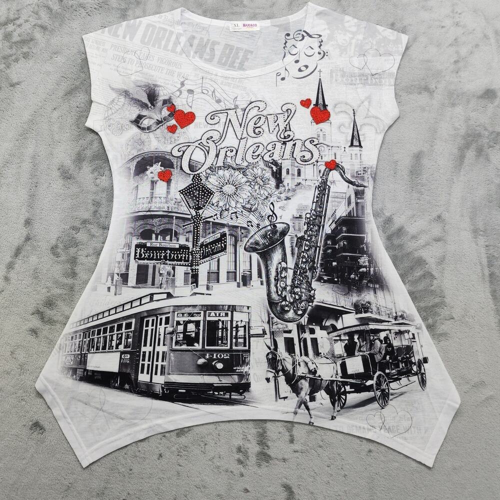 Maxi&Co New Orleans Top Womens XL White Crew Neck SharkBite Hem Sequins Tee Jazz